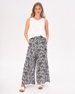 Watercolor Paisely Floral Elastic Waist Cotton Palazzo Pants