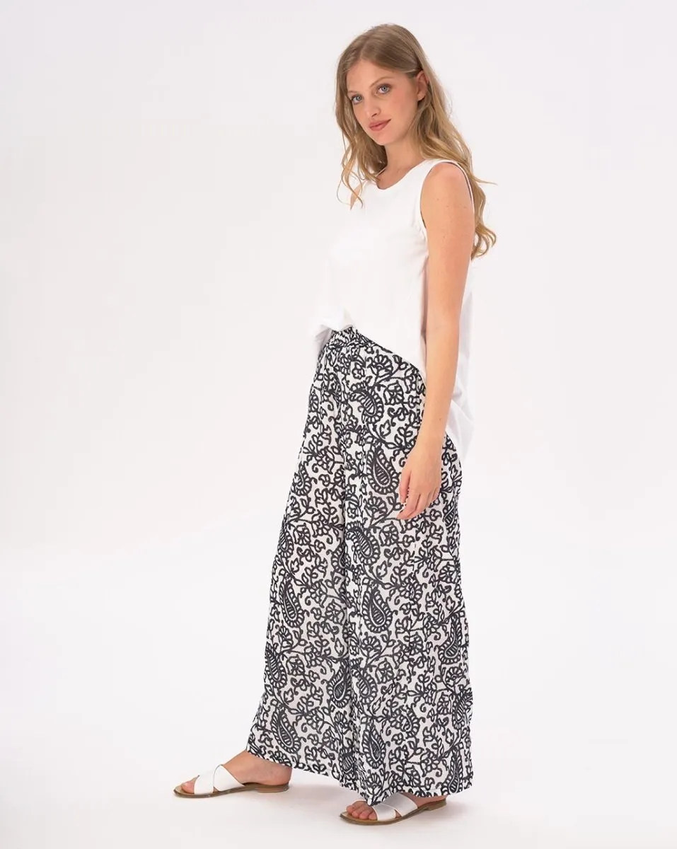 Watercolor Paisely Floral Elastic Waist Cotton Palazzo Pants