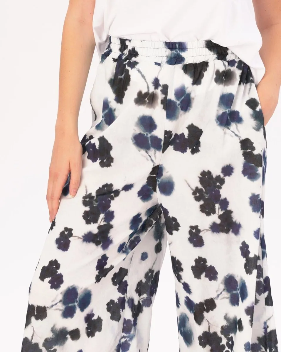 Watercolor Small Floral Elastic Waist Cotton Palazzo Pants