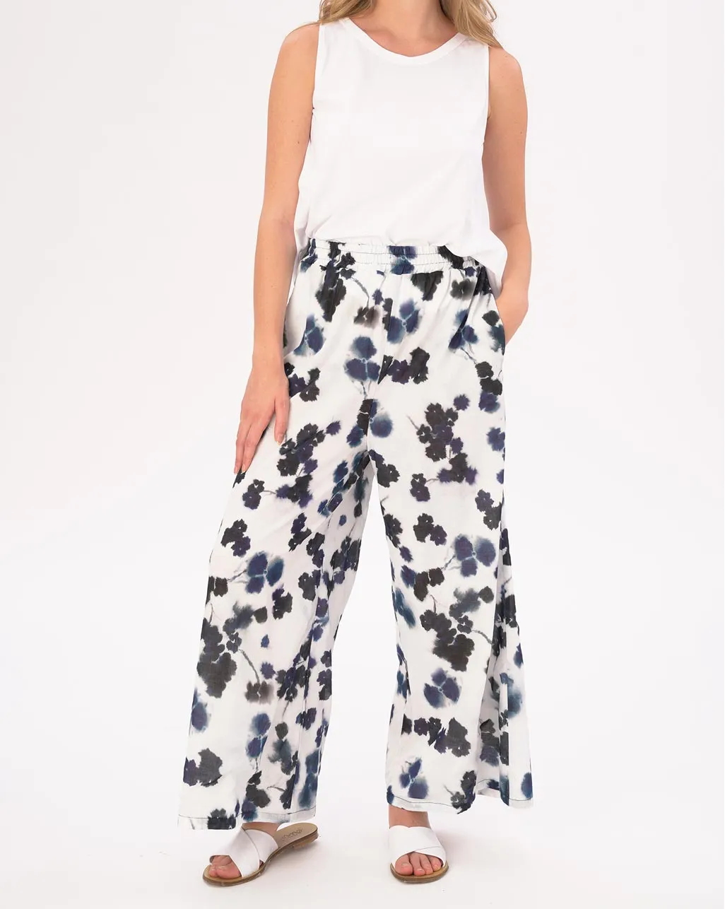 Watercolor Small Floral Elastic Waist Cotton Palazzo Pants