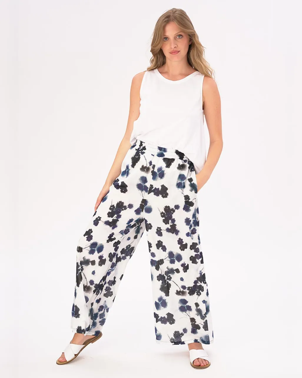Watercolor Small Floral Elastic Waist Cotton Palazzo Pants