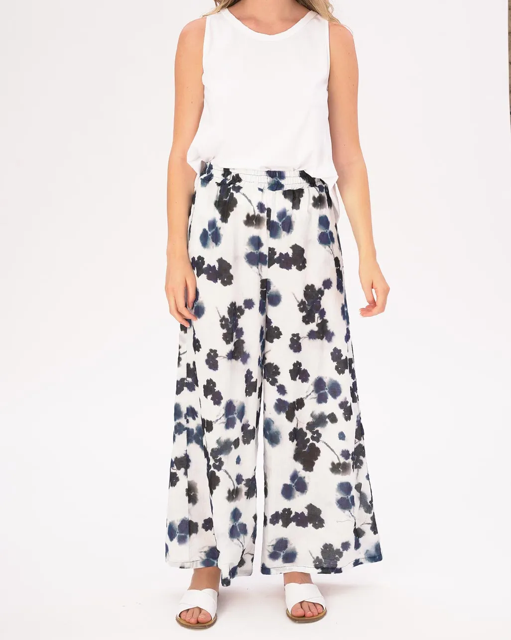 Watercolor Small Floral Elastic Waist Cotton Palazzo Pants