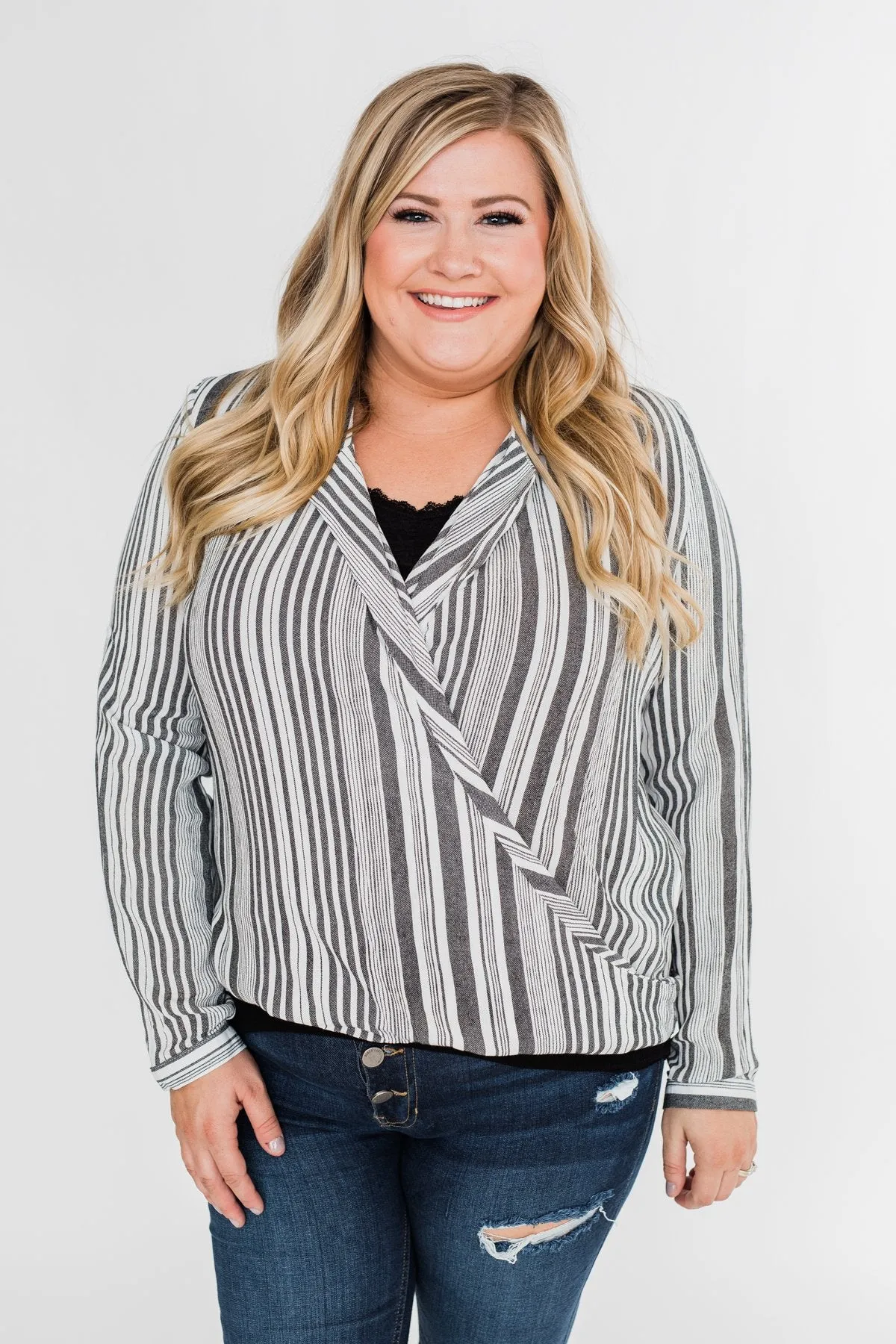 When You're Around Long Sleeve Striped Top- Charcoal & Ivory