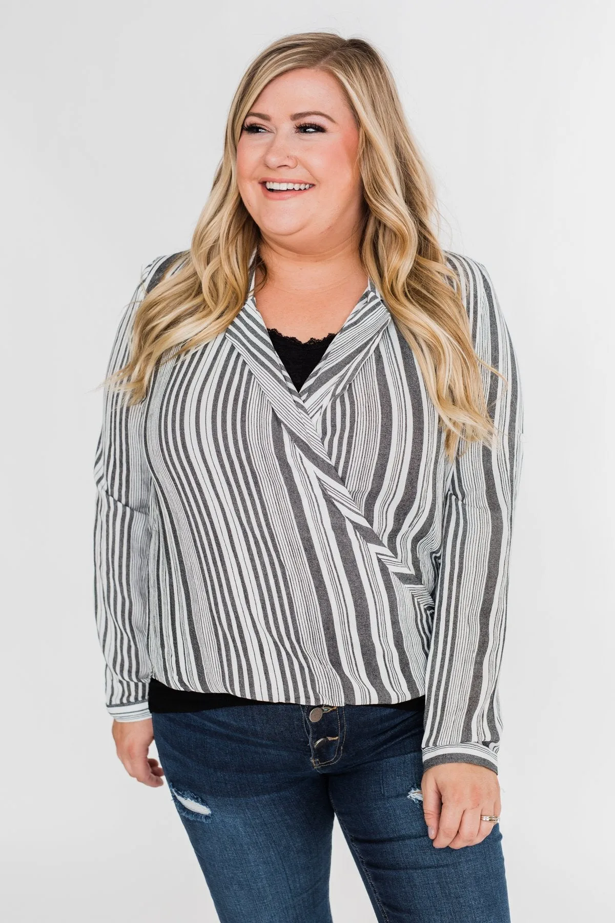 When You're Around Long Sleeve Striped Top- Charcoal & Ivory