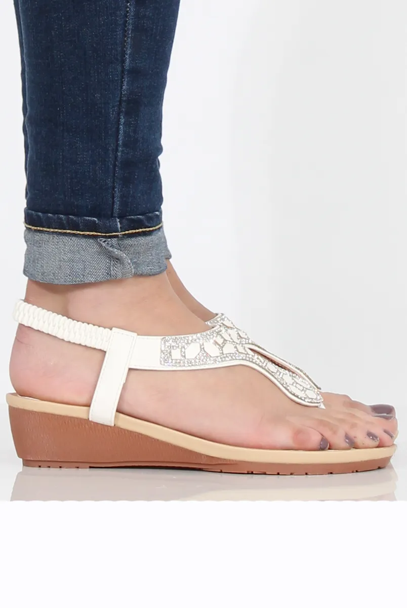 White Diamante Sling Back Toe Bar Sandals - Mara