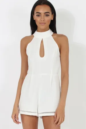 White High Neck Keyhole Playsuit - Nori