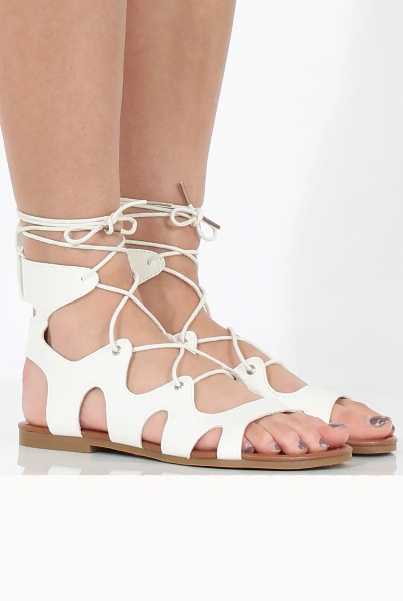 White Lace Up Gladiator Sandals - Adina