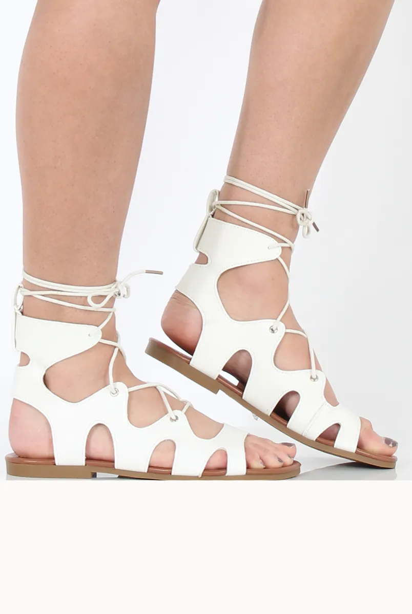 White Lace Up Gladiator Sandals - Adina