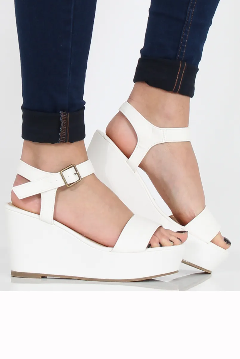 White PU Open Toe Wedge Sandals - Kennie