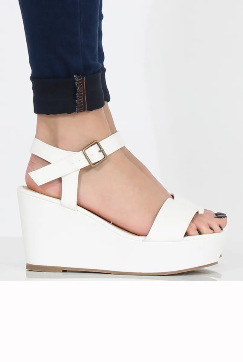 White PU Open Toe Wedge Sandals - Kennie