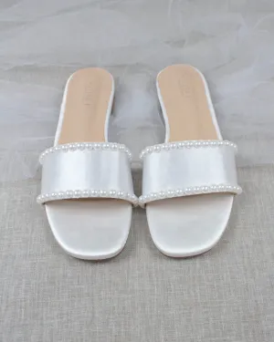 White Satin Slip on Sandals with Pearls