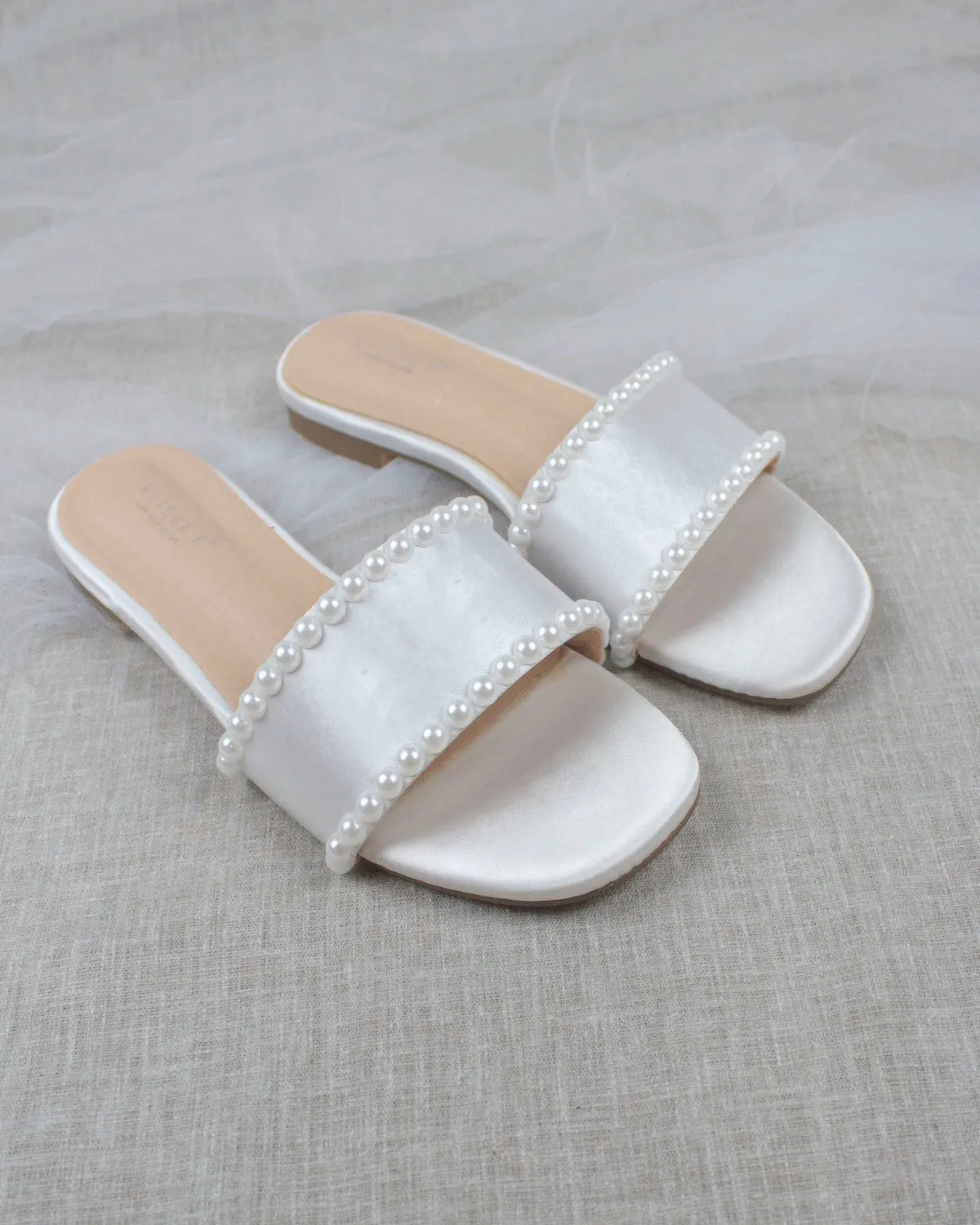 White Satin Slip on Sandals with Pearls
