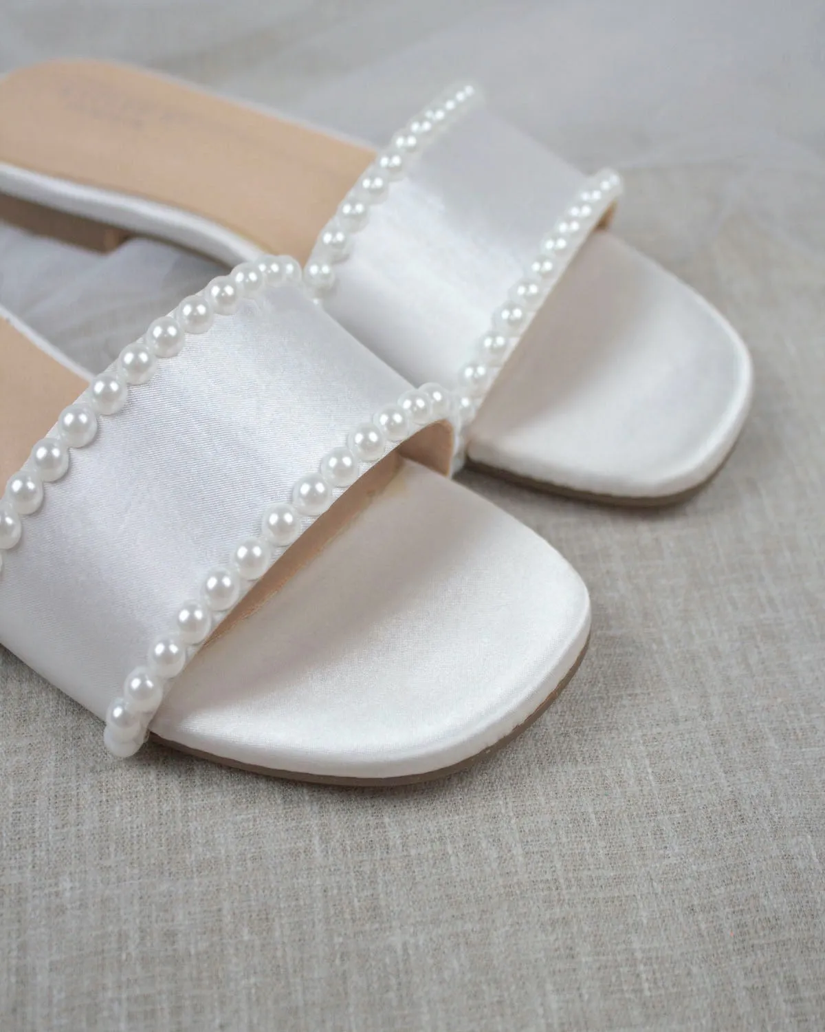 White Satin Slip on Sandals with Pearls