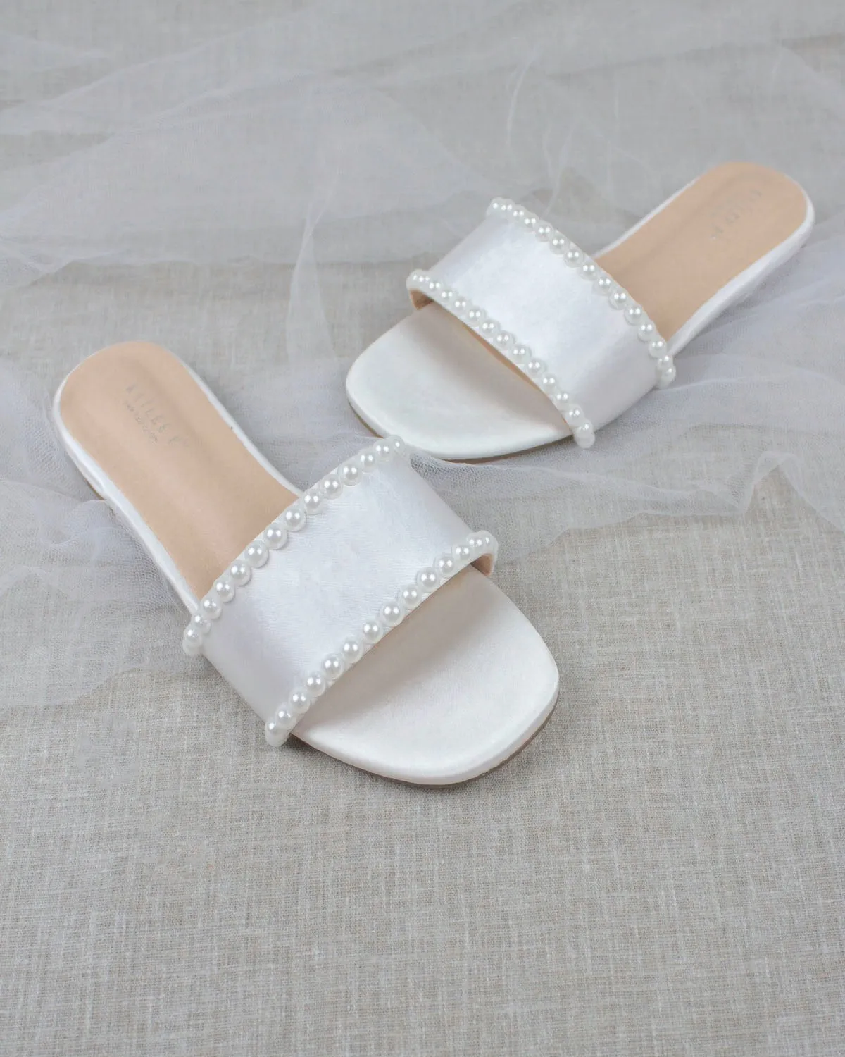White Satin Slip on Sandals with Pearls
