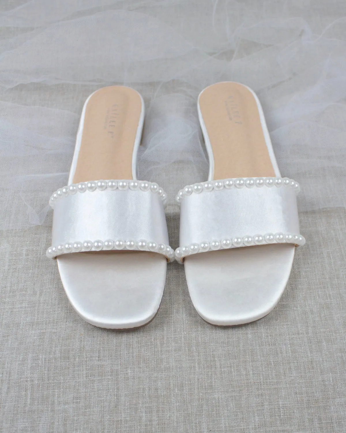 White Satin Slip on Sandals with Pearls