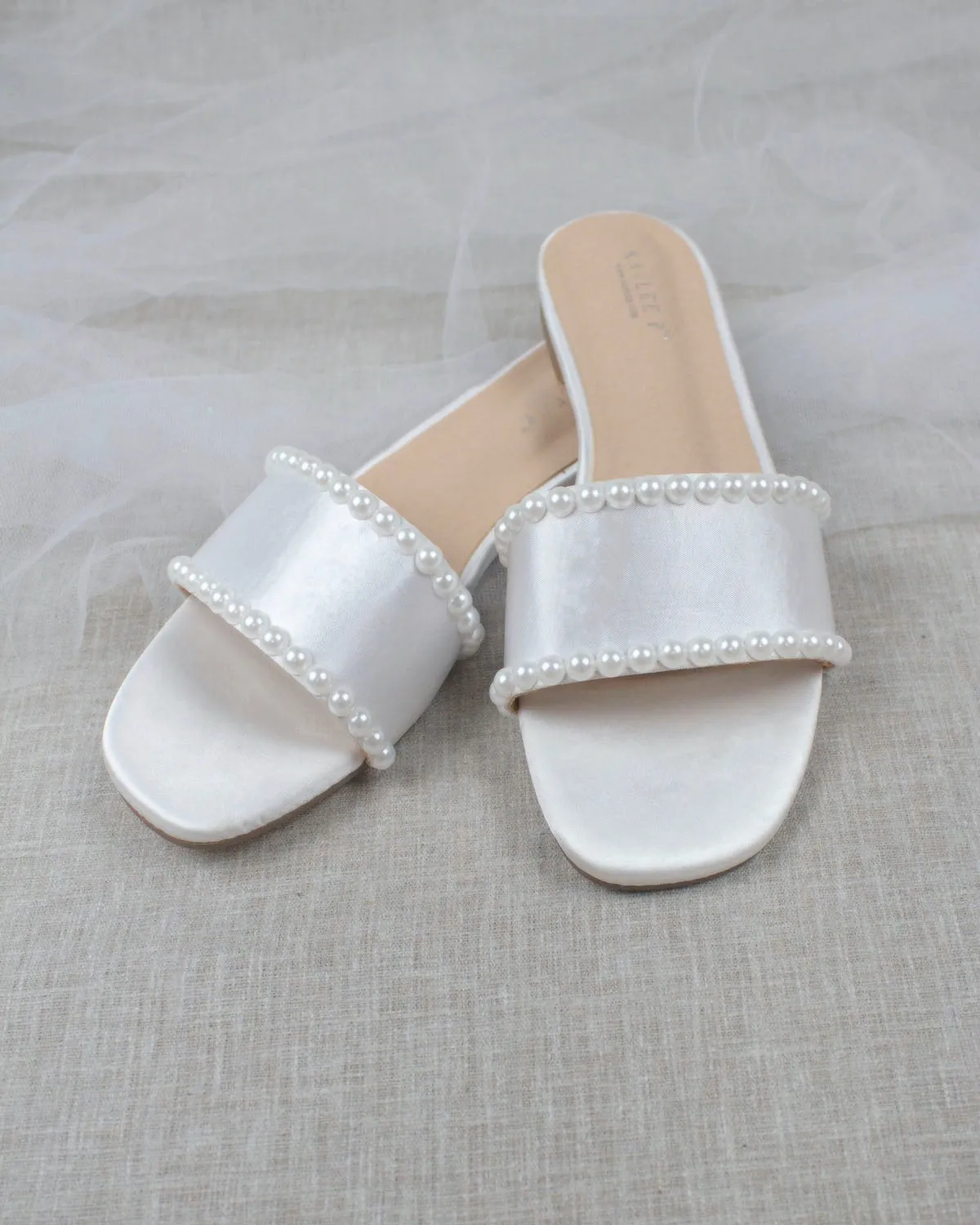 White Satin Slip on Sandals with Pearls