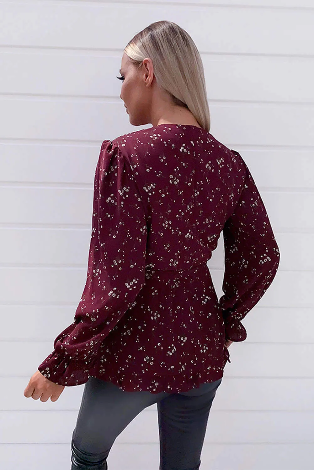 Wine Floral Frill Wrap Top