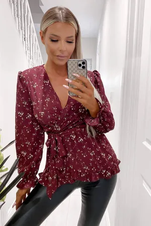 Wine Floral Frill Wrap Top