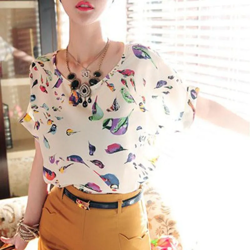 Women Chiffon T-Shirts Ladies Loose Short Sleeve Shirts Striped Heart Lip Tops