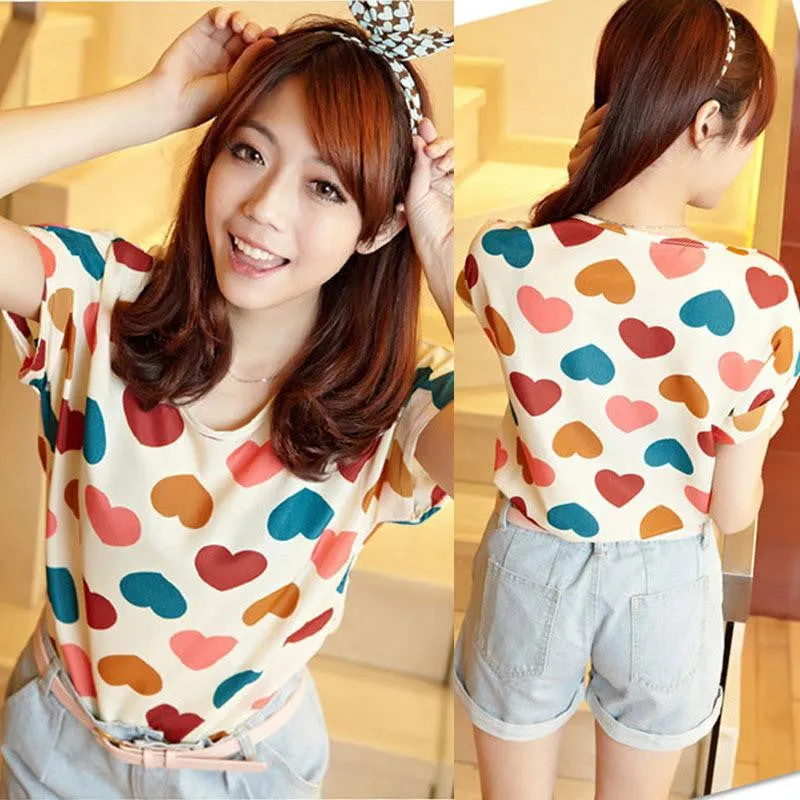 Women Chiffon T-Shirts Ladies Loose Short Sleeve Shirts Striped Heart Lip Tops
