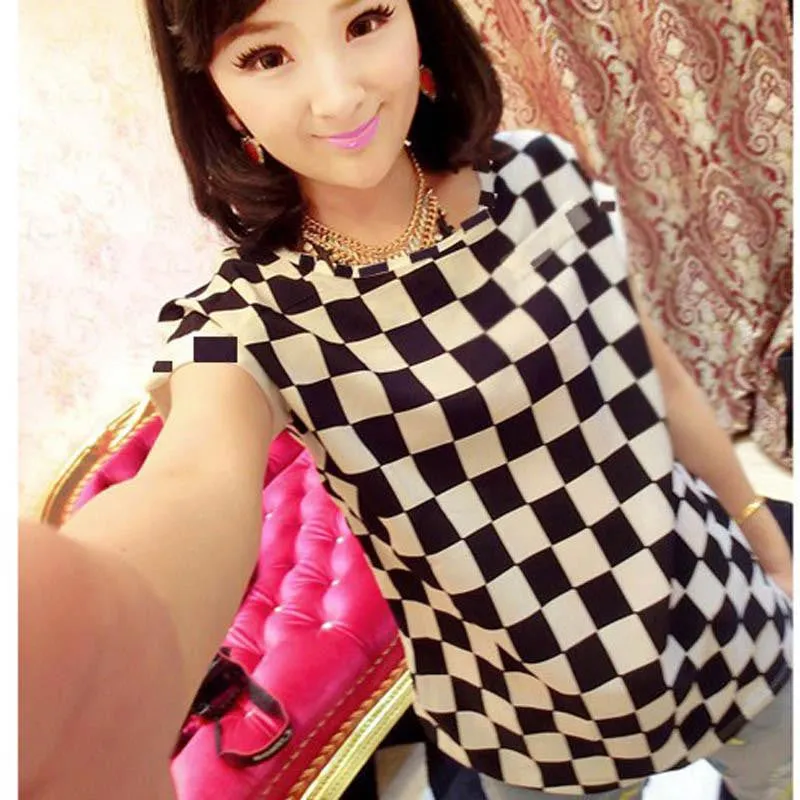 Women Chiffon T-Shirts Ladies Loose Short Sleeve Shirts Striped Heart Lip Tops