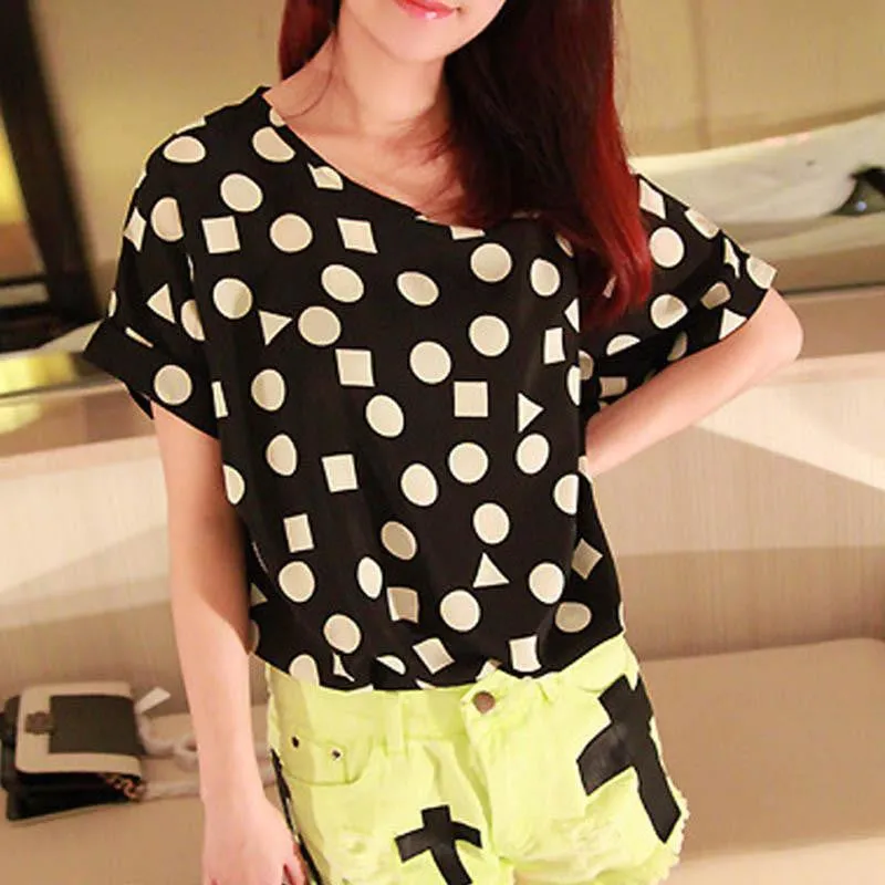 Women Chiffon T-Shirts Ladies Loose Short Sleeve Shirts Striped Heart Lip Tops