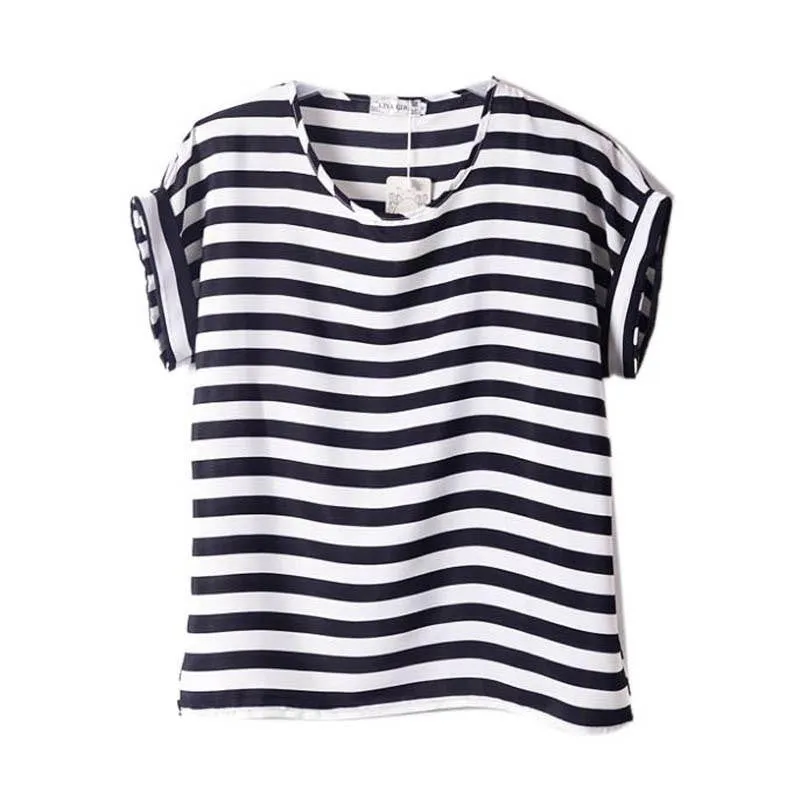 Women Chiffon T-Shirts Ladies Loose Short Sleeve Shirts Striped Heart Lip Tops