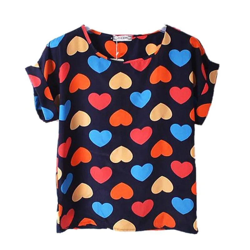 Women Chiffon T-Shirts Ladies Loose Short Sleeve Shirts Striped Heart Lip Tops