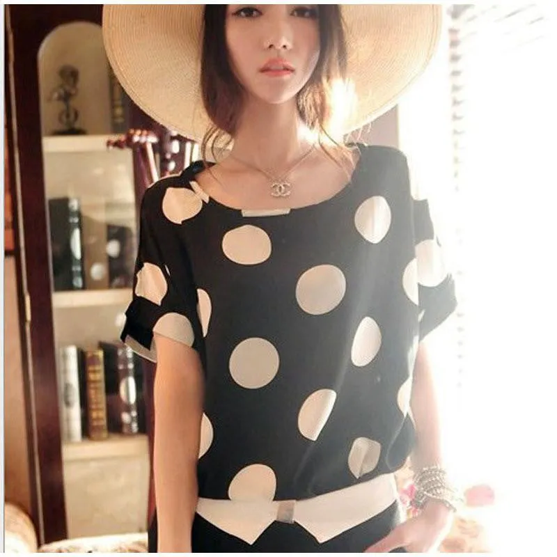 Women Chiffon T-Shirts Ladies Loose Short Sleeve Shirts Striped Heart Lip Tops