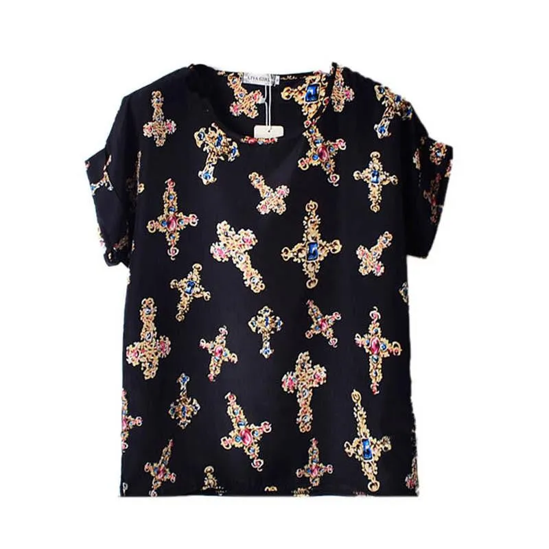 Women Chiffon T-Shirts Ladies Loose Short Sleeve Shirts Striped Heart Lip Tops