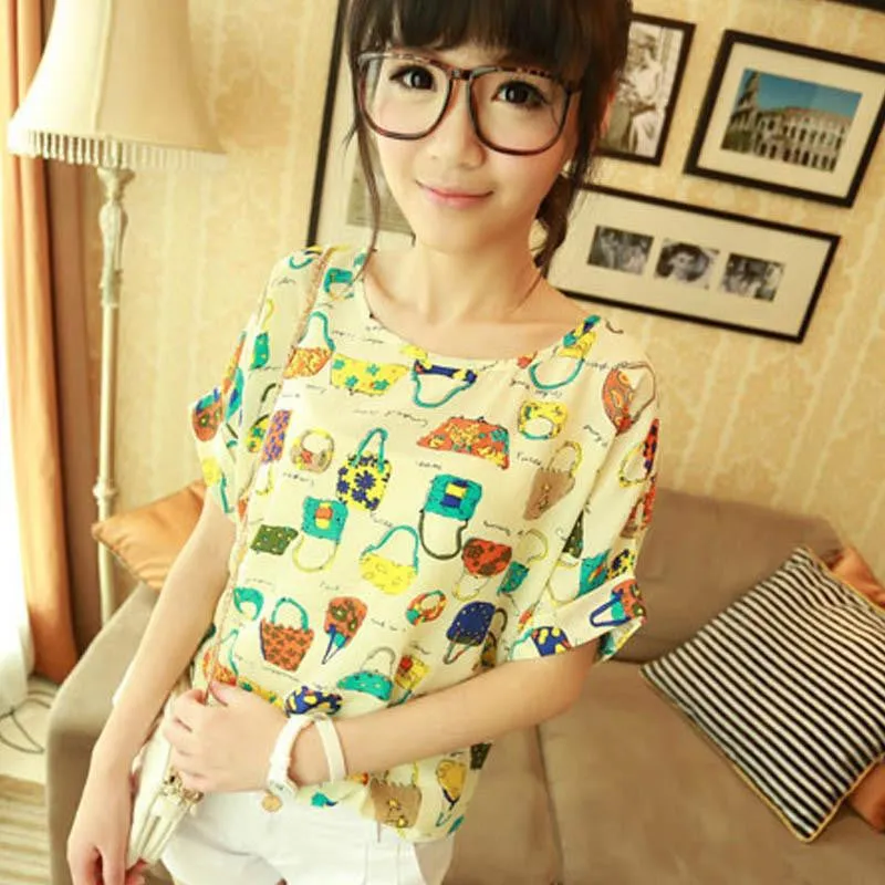 Women Chiffon T-Shirts Ladies Loose Short Sleeve Shirts Striped Heart Lip Tops