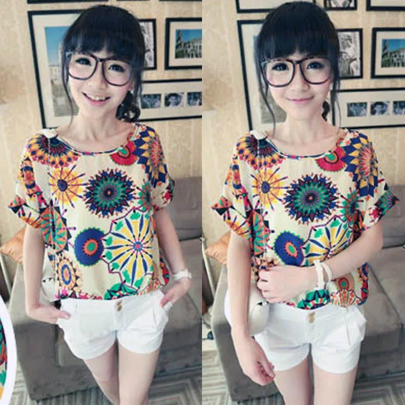 Women Chiffon T-Shirts Ladies Loose Short Sleeve Shirts Striped Heart Lip Tops