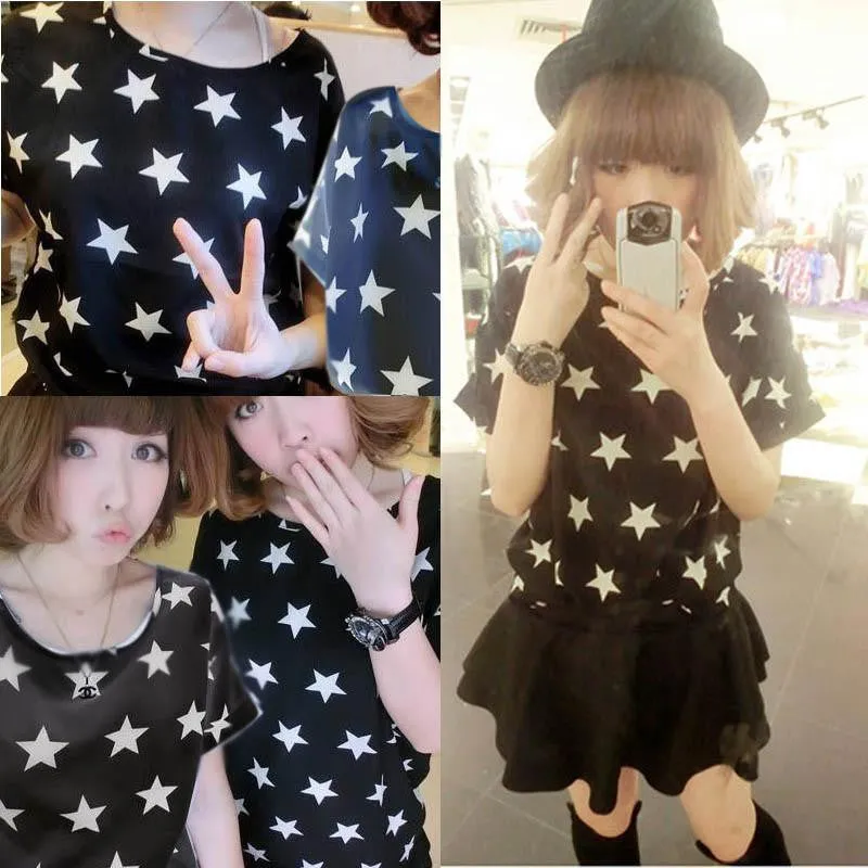 Women Chiffon T-Shirts Ladies Loose Short Sleeve Shirts Striped Heart Lip Tops