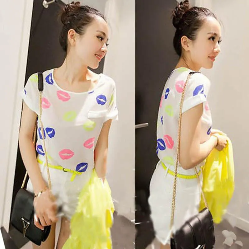 Women Chiffon T-Shirts Ladies Loose Short Sleeve Shirts Striped Heart Lip Tops