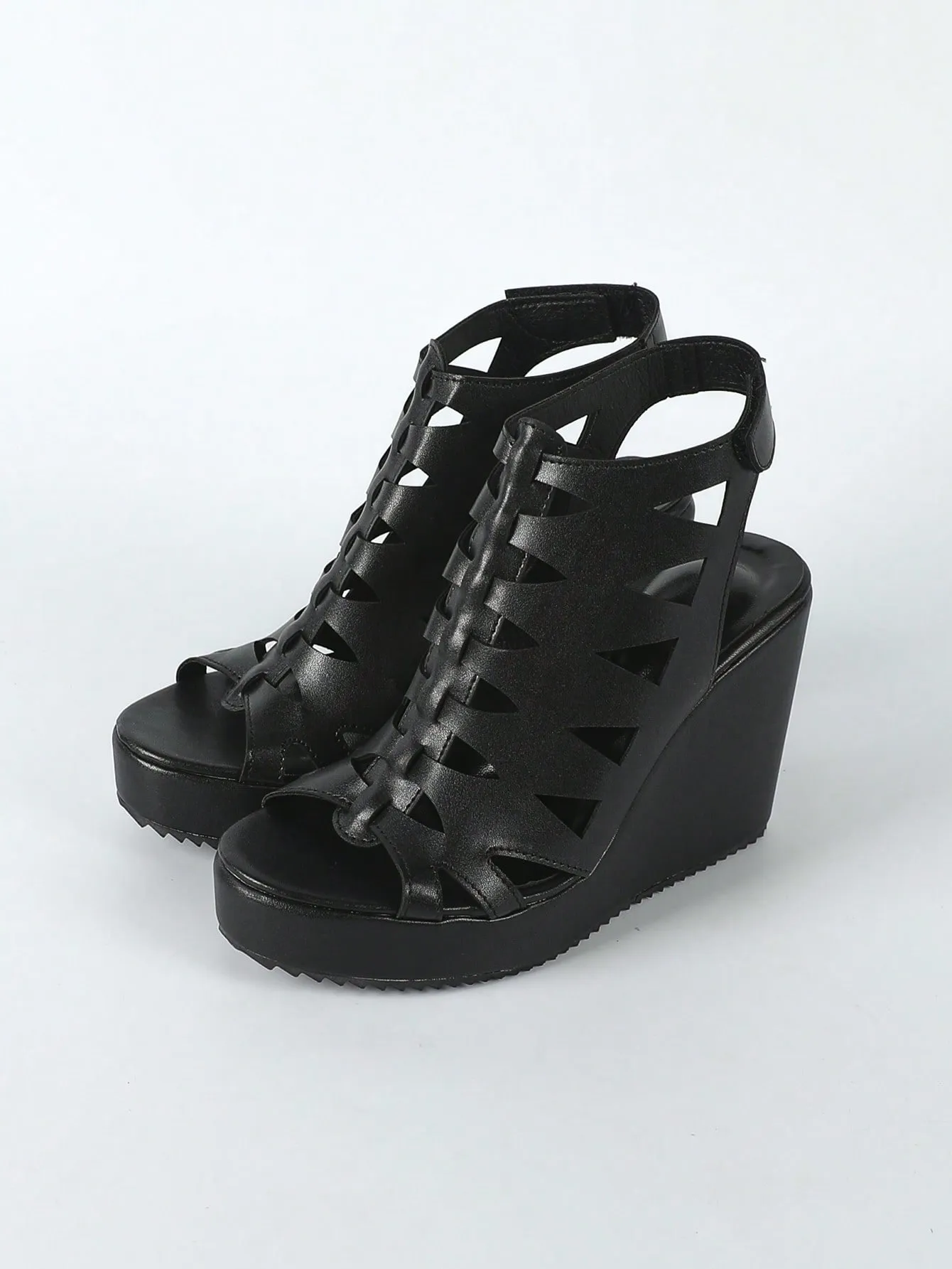 Women Cut Out Gladiator Sandals, Vacation Outdoor Black Wedge Sandals