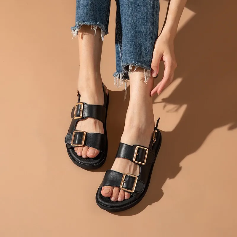 Women Genuine Cow Leather Metal Detailed Ankle Buckle Strap Summer Beach Ladies Low Heel Shoes Handmade