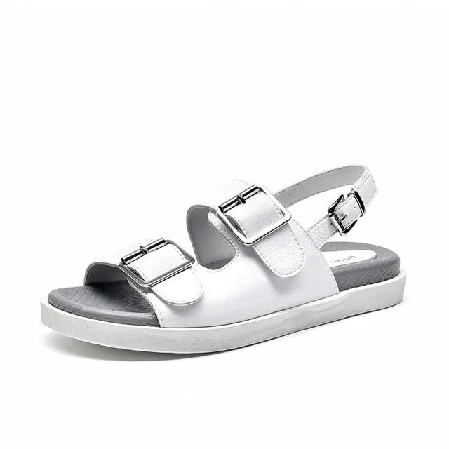 Women Genuine Cow Leather Metal Detailed Ankle Buckle Strap Summer Beach Ladies Low Heel Shoes Handmade