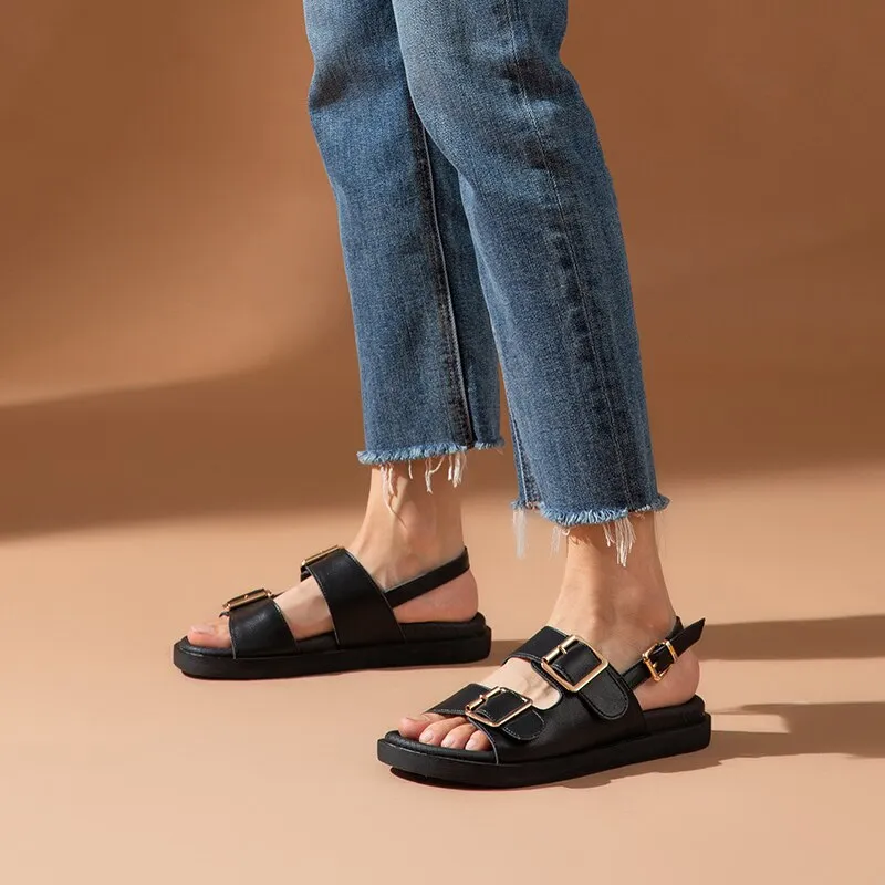 Women Genuine Cow Leather Metal Detailed Ankle Buckle Strap Summer Beach Ladies Low Heel Shoes Handmade
