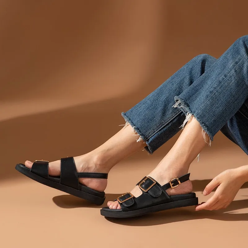 Women Genuine Cow Leather Metal Detailed Ankle Buckle Strap Summer Beach Ladies Low Heel Shoes Handmade