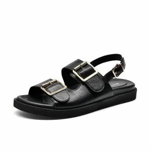 Women Genuine Cow Leather Metal Detailed Ankle Buckle Strap Summer Beach Ladies Low Heel Shoes Handmade