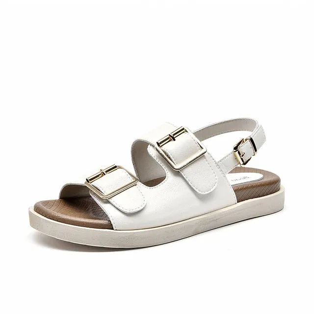 Women Genuine Cow Leather Metal Detailed Ankle Buckle Strap Summer Beach Ladies Low Heel Shoes Handmade