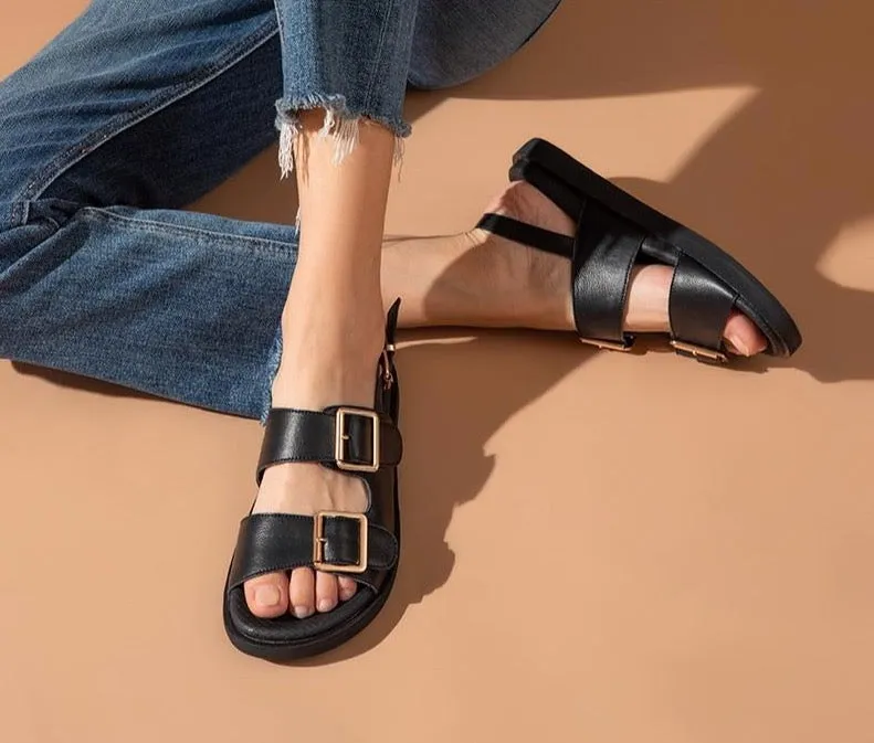 Women Genuine Cow Leather Metal Detailed Ankle Buckle Strap Summer Beach Ladies Low Heel Shoes Handmade