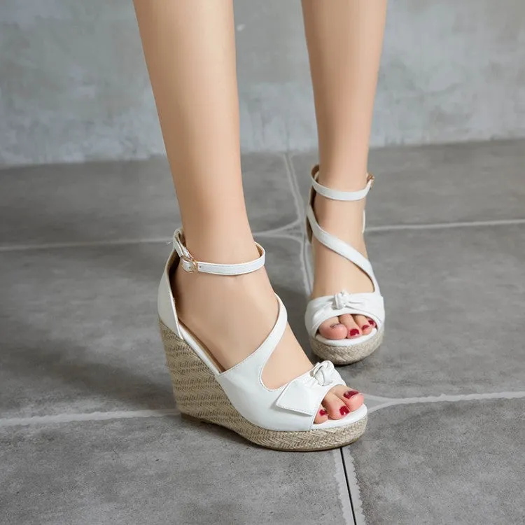 Women's Butterfly Knot Ankle Strap Woven Wedge Heel Platform Sandals