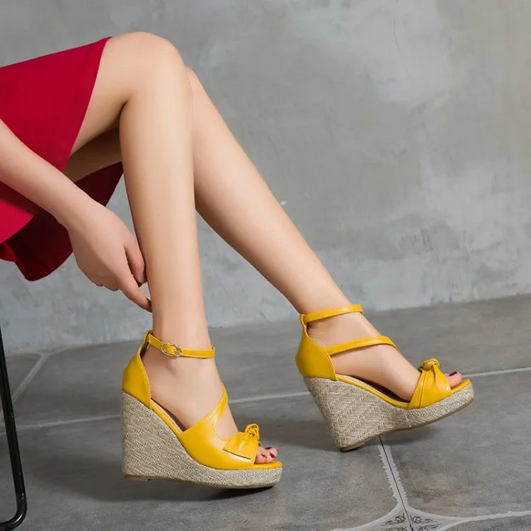 Women's Butterfly Knot Ankle Strap Woven Wedge Heel Platform Sandals