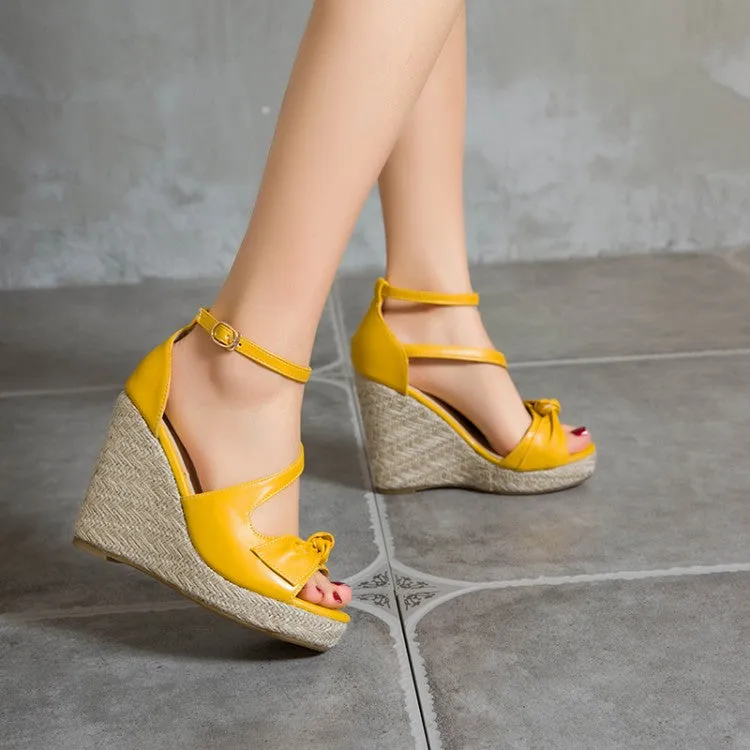 Women's Butterfly Knot Ankle Strap Woven Wedge Heel Platform Sandals