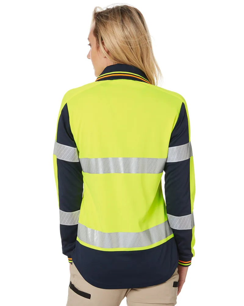 Womens L/S Taped Hi Vis V-Neck Polo - Yellow/Navy