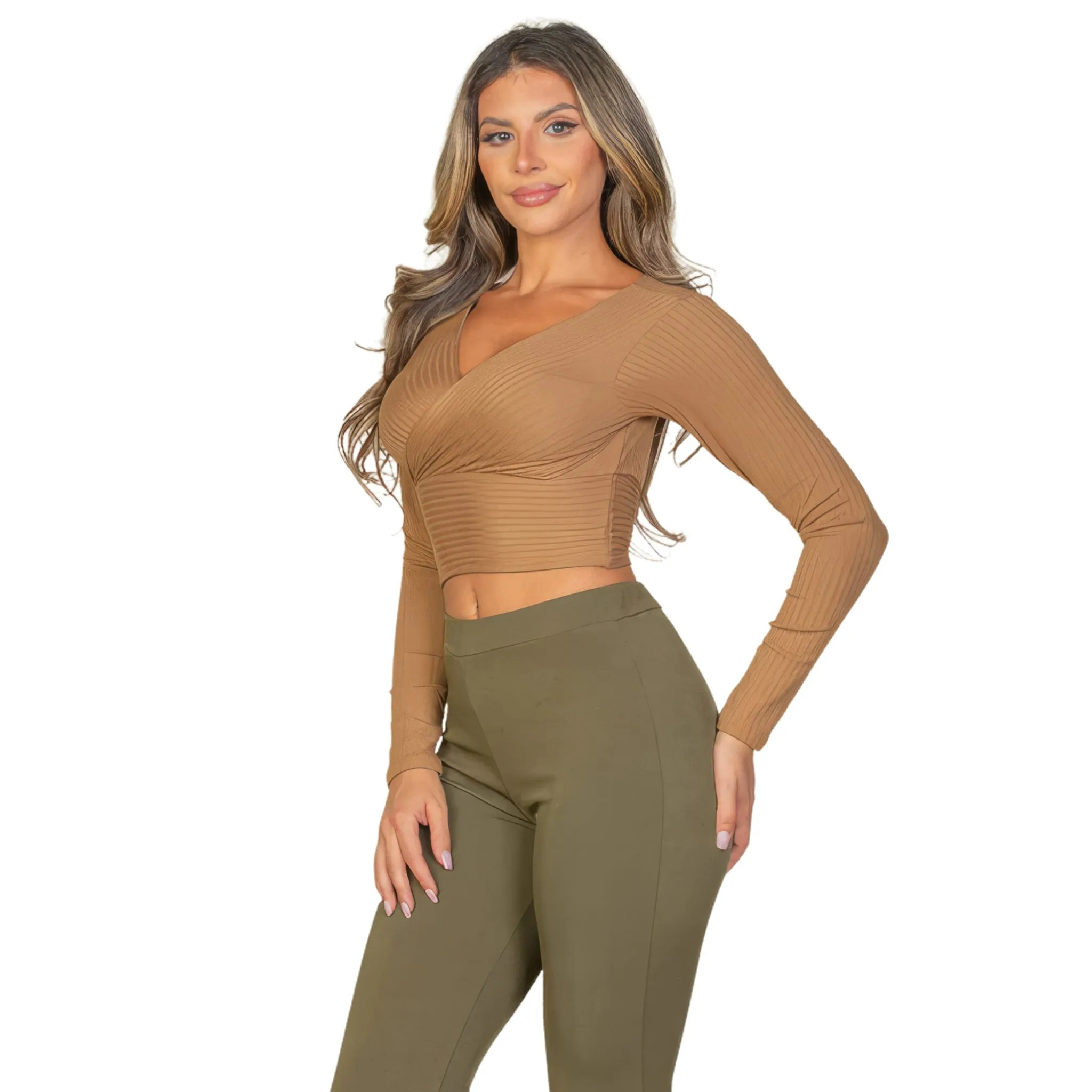 Women's Ribbed Wrap Front Long Sleeve Top - Available in Mocha and More