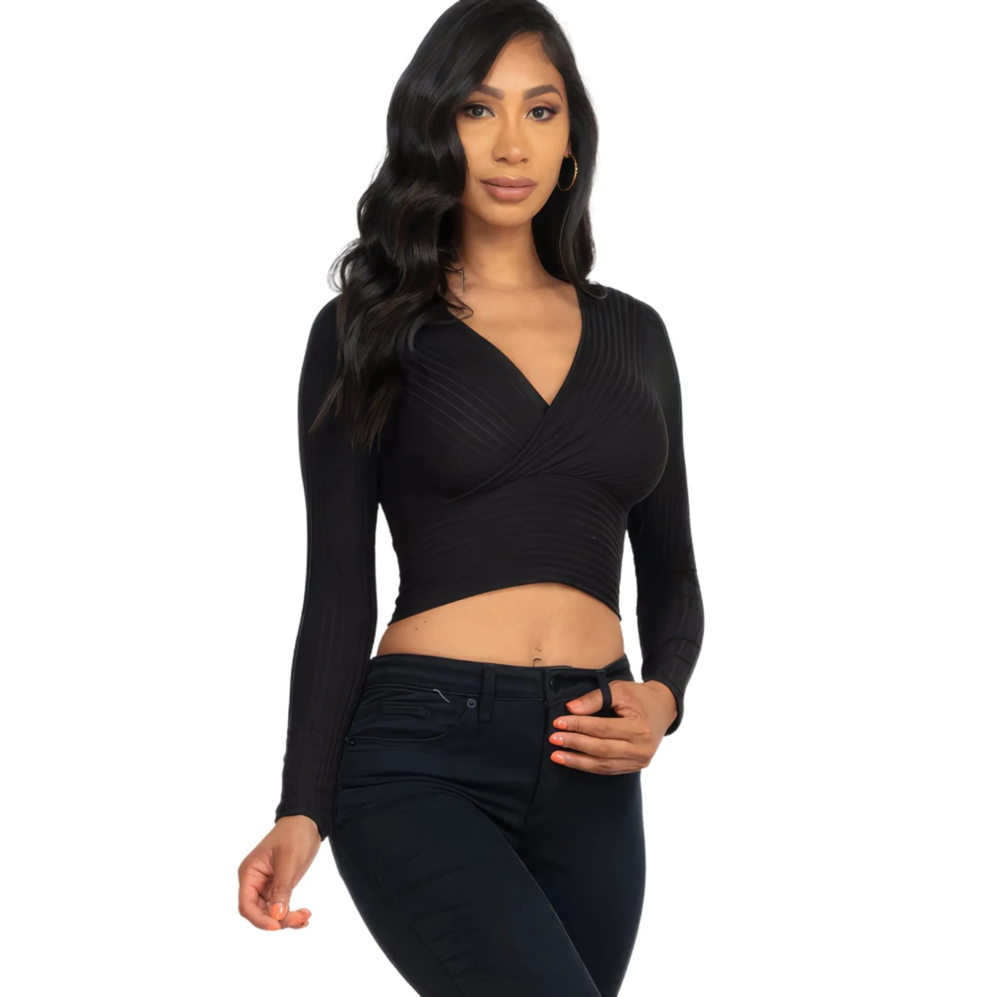 Women's Ribbed Wrap Front Long Sleeve Top - Available in Mocha and More