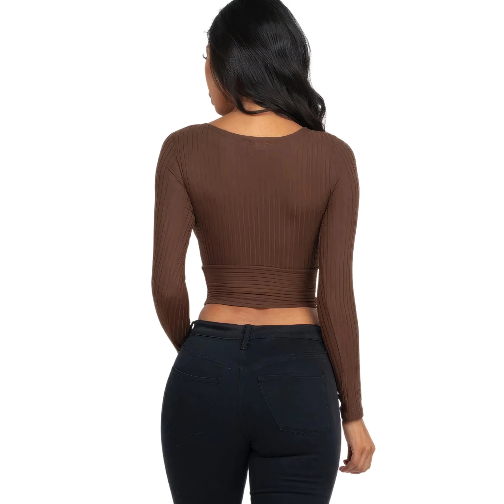 Women's Ribbed Wrap Front Long Sleeve Top - Available in Mocha and More