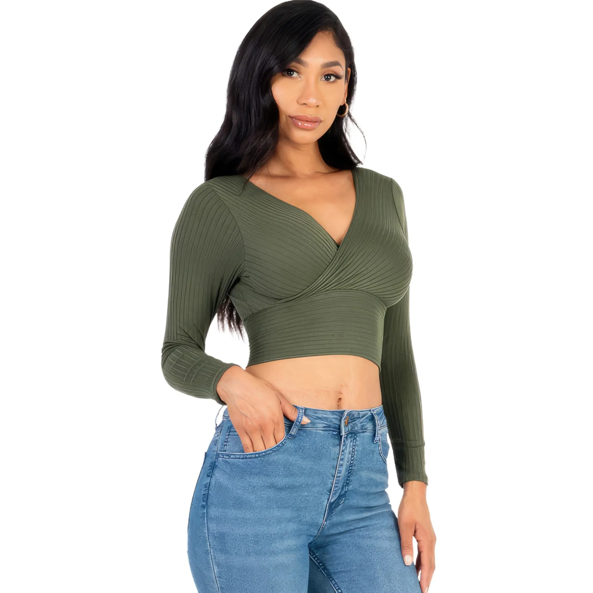 Women's Ribbed Wrap Front Long Sleeve Top - Available in Mocha and More